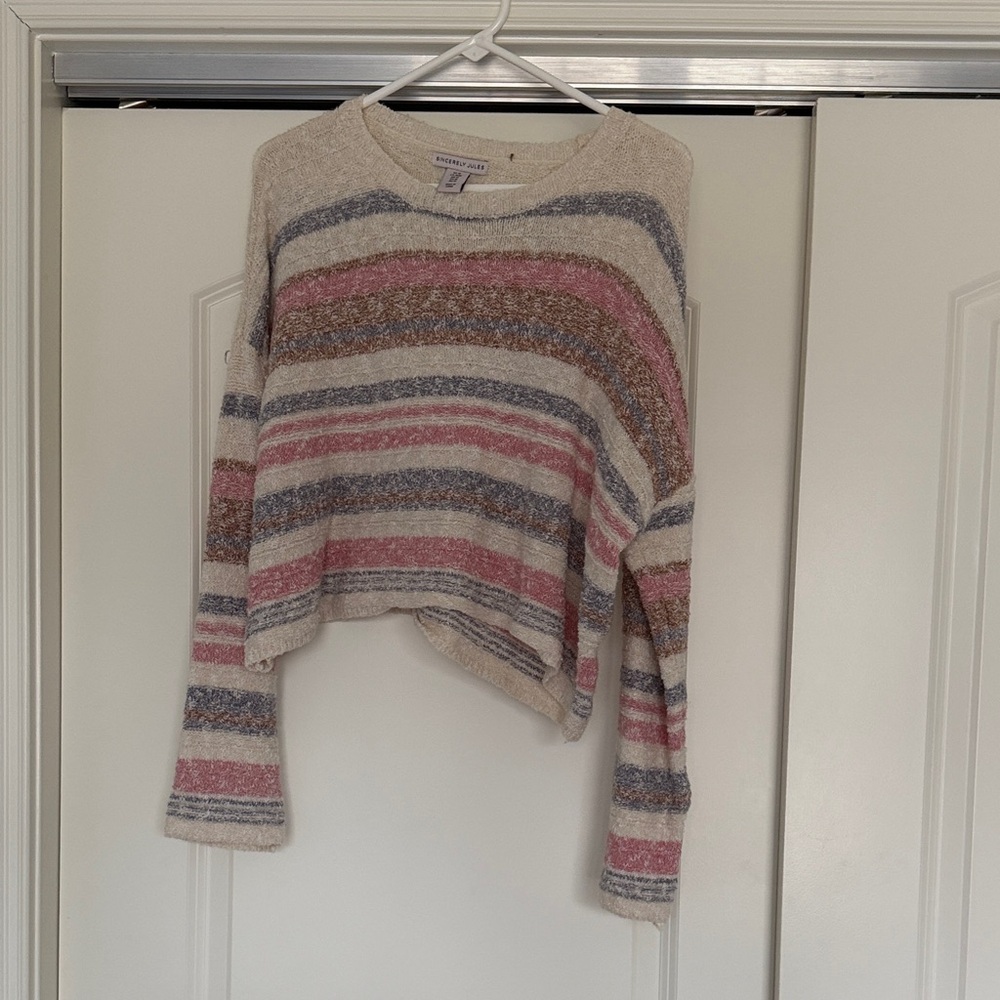 Striped Crew Neck Sweater in Pink, Blue, and Cream